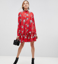 Красное свободное платье мини с цветочным принтом и оборкой по краю ASOS DESIGN Tall - Мульти