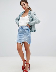 Джинсовая мини-юбка с отделкой искусственным жемчугом River Island - Синий