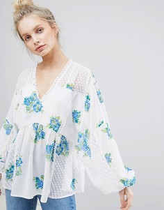 Удлиненная блузка с цветочным принтом и кружевной отделкой ASOS DESIGN - Мульти