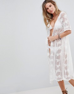 Кружевное пляжное кимоно макси Liquorish - Кремовый
