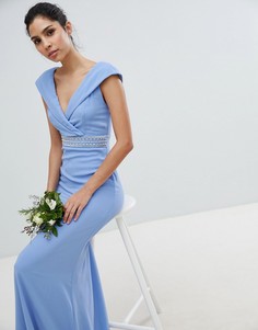 Платье макси с широким вырезом и отделкой на талии TFNC Bridesmaid - Синий