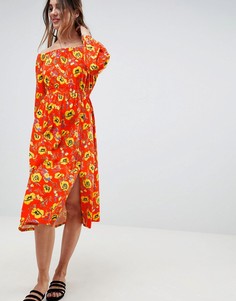 Платье миди с цветочным принтом и открытыми плечами ASOS DESIGN - Мульти