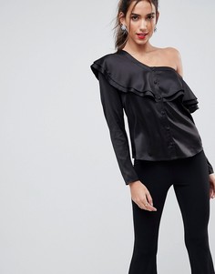 Атласный топ на одно плечо с оборками ASOS DESIGN - Черный