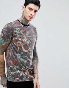Удлиненная футболка из искусственного льна с цветочным принтом ASOS DESIGN - Серый