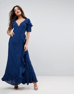 Платье макси с короткими рукавами, оборками и запахом ASOS - Темно-синий