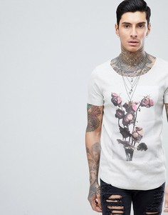 Длинная футболка в рубчик с принтом роз ASOS DESIGN - Серый