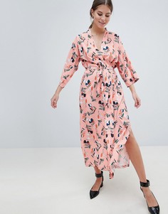 Платье миди с цветочным принтом и поясом Uttam Boutique - Розовый