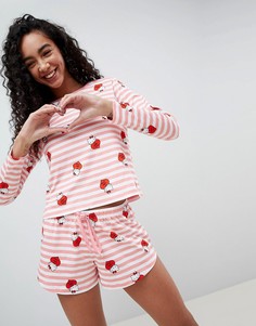 Пижамный комплект в полоску из лонгслива и шорт Hello Kitty x ASOS - Мульти
