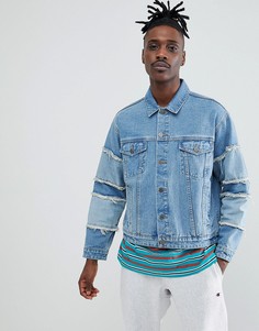 Фестивальная выбеленная джинсовая oversize-куртка с бахромой на рукавах ASOS DESIGN - Синий