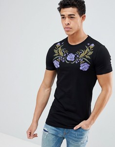 Длинная обтягивающая футболка с цветочным принтом ASOS DESIGN - Черный