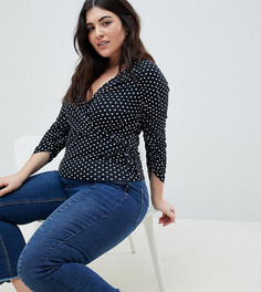 Топ в горошек с запахом и сборками на рукавах ASOS DESIGN Curve - Черный
