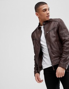 Стеганая кожаная байкерская куртка Barneys Originals - Коричневый