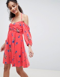 Платье с открытыми плечами, пышными рукавами и цветочным принтом ASOS DESIGN - Мульти