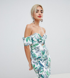 Облегающее платье с широким вырезом и цветочным принтом River Island Petite - Кремовый