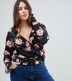 Топ с запахом, цветочным принтом и оборками ASOS CURVE - Черный