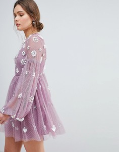 Платье мини с цветами и объемными рукавами ASOS - Фиолетовый
