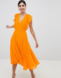Платье миди с плиссированной отделкой и вырезами ASOS DESIGN - Оранжевый