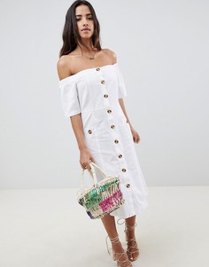 Платье миди с открытыми плечами и черепаховыми пуговицами ASOS DESIGN - Белый