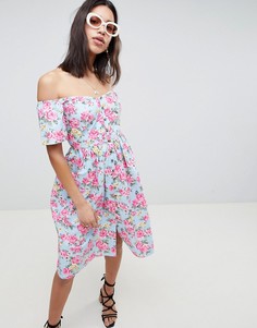 Платье миди на пуговицах с открытыми плечами и цветочным принтом ASOS DESIGN - Мульти