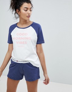 Пижамный комплект в полоску с шортами и надписью Good morning Tommy Hilfiger - Синий