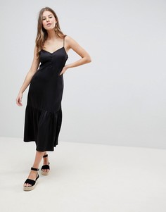 Атласное платье-комбинация миди с оборкой на подоле ASOS DESIGN - Черный
