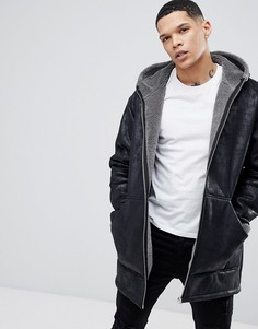 Черная oversize-куртка из искусственной овчины с капюшоном River Island - Черный