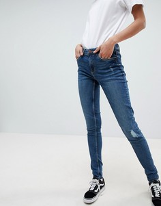 Рваные зауженные джинсы с завышенной талией Pieces Five - Синий