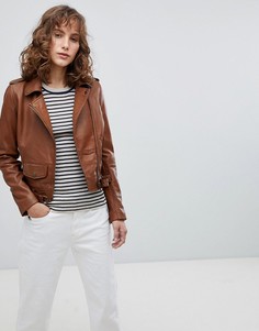 Кожаная байкерская куртка с маленьким карманом спереди Barneys Originals - Коричневый