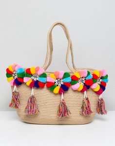 Разноцветная пляжная сумка с помпонами America &amp; Beyond - Мульти