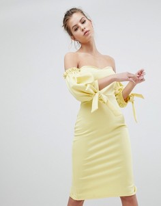 Платье миди с широким вырезом и завязками на рукавах True Violet - Желтый