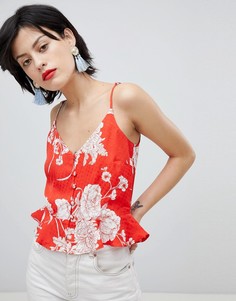 Топ на тонких бретельках с цветочным принтом и баской River Island - Красный