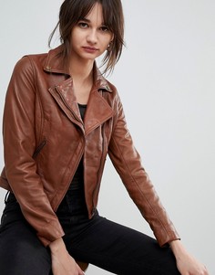 Кожаная байкерская куртка с диагональной молнией Barneys Originals - Коричневый
