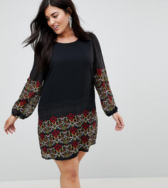 Платье-туника с длинным рукавом и принтом по краю Yumi Plus - Темно-синий