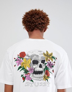 Белая футболка с цветочным принтом и черепом на спине Stussy - Белый
