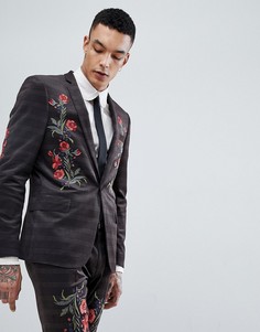 Приталенный пиджак в клетку с цветочной вышивкой ASOS - Коричневый