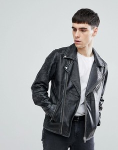 Кожаная байкерская куртка с потертой отделкой Selected Homme - Черный