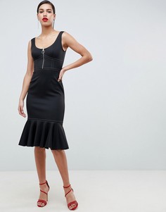 Платье-футляр миди с оборкой и контрастными строчками ASOS - Черный
