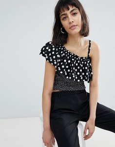 Укороченная блузка на одно плечо с принтом в горошек River Island - Мульти
