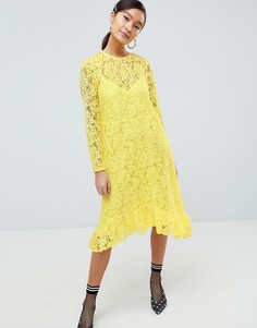 Кружевное свободное платье миди с оборкой ASOS DESIGN - Желтый