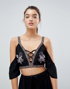 Пляжный кроп-топ с вышивкой River Island - Черный