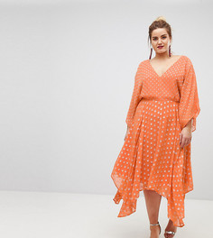 Платье миди в блестящий горошек с широкими рукавами и асимметричным подолом ASOS CURVE - Оранжевый