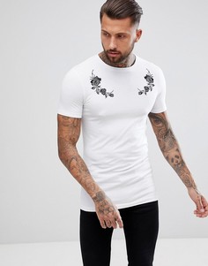 Длинная обтягивающая футболка с вышивкой роз ASOS DESIGN - Белый
