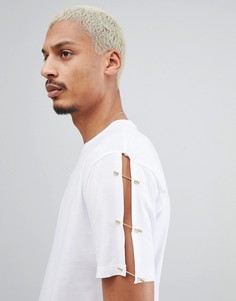 Свободная длинная футболка с золотистыми булавками на рукавах ASOS DESIGN - Белый