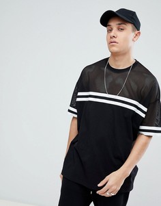 Удлиненная сетчатая футболка с монохромными полосками ASOS - Черный