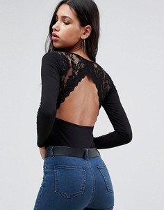 Боди с открытой спиной и кружевной отделкой ASOS - Черный