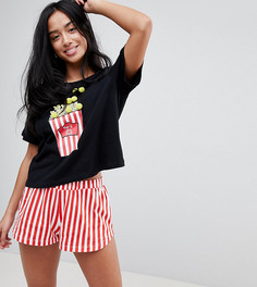 Пижамный комплект из шортов и футболки с принтом попкорна и отделкой помпонами ASOS PETITE - Мульти