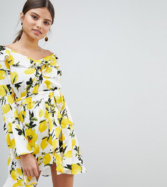 Платье с открытыми плечами и принтом лимонов Boohoo - Мульти