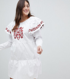 Свободное платье с вышивкой и оборками на плечах Fashion Union Plus - Белый