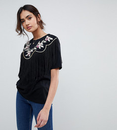 Футболка с вышивкой на кокетке и бахромой ASOS TALL - Черный