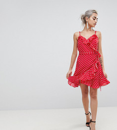 Платье мини в горошек с запахом и оборками ASOS PETITE - Мульти